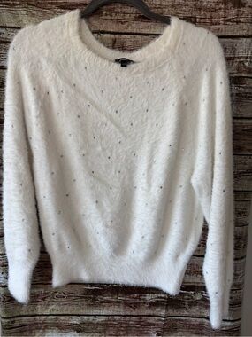 Express Cream Fuzzy Crewneck Sweater with Sparkle Studs